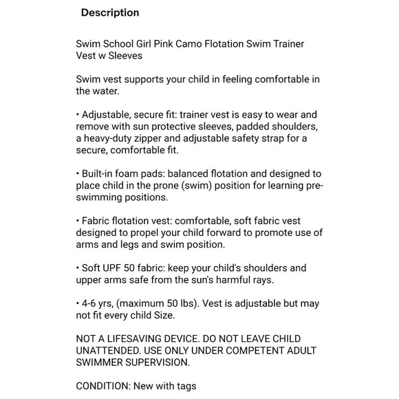 Swim School Girl Pink Camo Flotation Swim Trainer Vest w Sleeves NWT 4-6 yrs - Picture 4 of 4